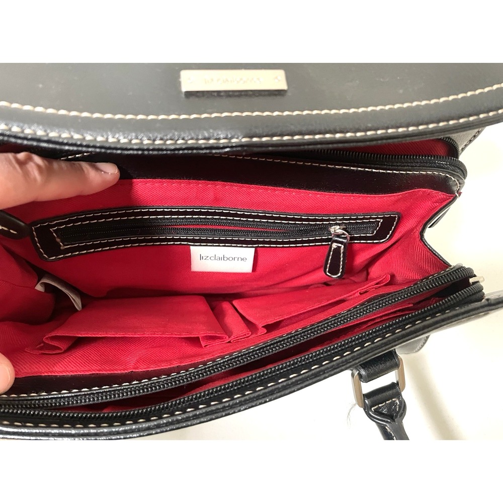Liz Claiborne Double Top Handle Black Leather Handbag Purse Satchel Red‎ Zipper - Picture 11 of 15